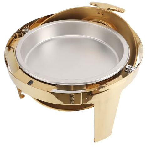Aramox Gold Chafing Dish Buffet Set Stainless Steel 6L Alcohol Heated Round Catering Food Warmer for Event Party (1 Full Size Pan)