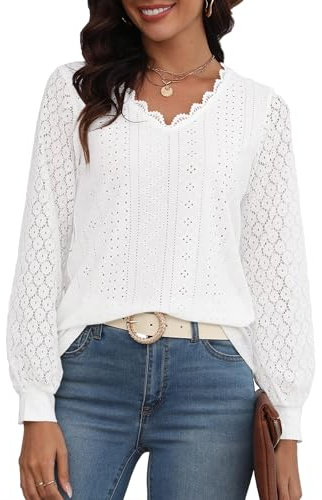 Hount Bluse Damen Spitzen Oberteile Elegant V Ausschnitt Langarmshirt | Einfarbig Lässig Blusen Tunika Laternenärmeln Locker Top, Hollow Out,Leicht