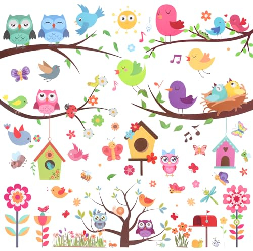 Cozlly Fensterbilder Frühling 9 Blatt, 112x Fensterfolie Selbsthaftend, Fensteraufkleber Eulen, Schmetterling Blumen Vogel Baum Fensteraufkleber, Aufkleber für Vitrine Glas Spiegel Kinderzimmer