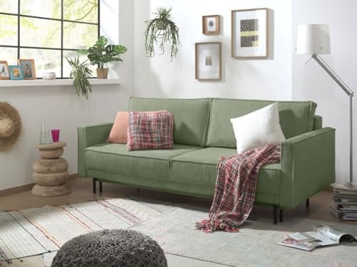 Lisa Design Charlie – 3-Sitzer Sofa mit Schlaffunktion und Bettkasten – aus Cord Salbeigrün