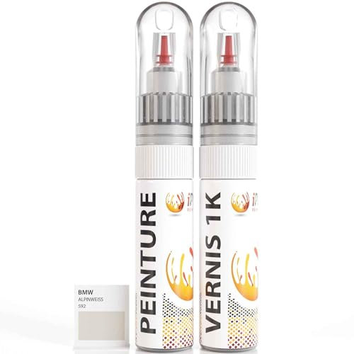 ipixline Kit Retouche Peinture Carrosserie Voiture - Stylo Correcteur Peinture Auto 30 ml, Vernis Brillant 1k 30 ml - Compatible avec Bmw - Alpinweiss 592
