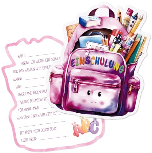BETESSIN 12er Set Einschulung Einladungskarten Mädchen Rosa - Einschulung Karten im süßem Schultaschen-Design - Einschulung Einladungen für Mädchen Einschulungsfeier uvm.
