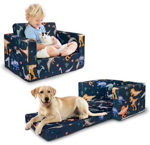 Beavtaens Kids Couch, 2-in-1 Kids Fold Out Couch, Convertible Kid Sofa to Lounger for Girls and Boys, Soft Toddler Chairs Comfy 1-3 Years Old (Dinosaur)