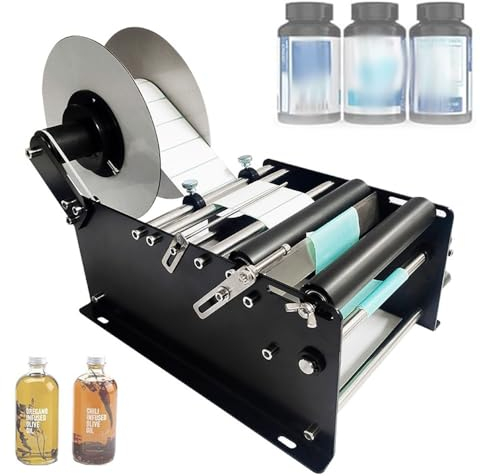 JOSBY Manual Round Bottle Labeling Machine, Bottle Labeler for 15-120mm Diameter, Glass Plastic Bottle Adjustable Label Applicator 15-20pcs/min, Label Dispenser Machine, for Beer Cans Wine