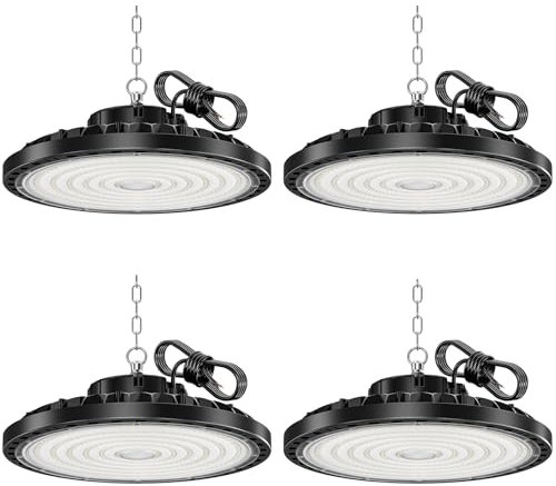 HAPYLUMI UFO LED Lámpara de Alta Bahía 4PCS, 200W 20000LM Focos Led Interior Techo 6500K Blanco Frío Luz de Garaje, IP65 Impermeable Industrial Campana LED para Garaje Almacén Oficina