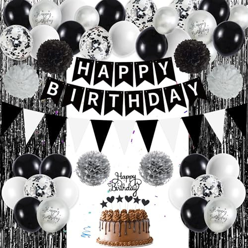 Black Silver Birthday Party Decorations - 82 Pieces Birthday Party Supplies, Happy Birthday Banner, Cake Topper, Rain Curtain, Tissue Paper Pom Poms, Sequin Latex Balloons for Boys, Girls, Men, Women