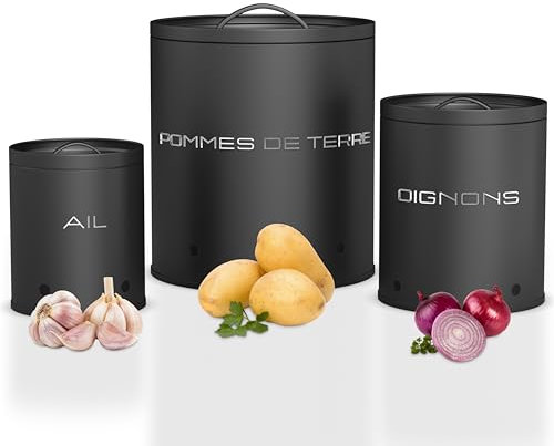KOOK TIME kartoffel aufbewahrungsbox - Set 3 aufbewahrung kartoffeln zwiebeln knoblauch - gemüse aufbewahrung mit kleinen lüftungslöcherne, um die luftzirkulation zu gewährleisten (Schwarz)