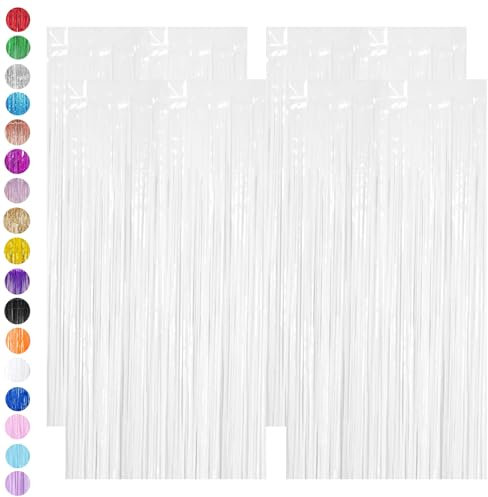 White Tinsel Curtain Party Backdrop,4pcs 3.2ft x 6.5ft Foil Curtain Decorations,White Foil Fringe Streamers Metallic Tinsel Door Hanging Foil Flow Silk Streamers for Birthday Wedding Holiday Party