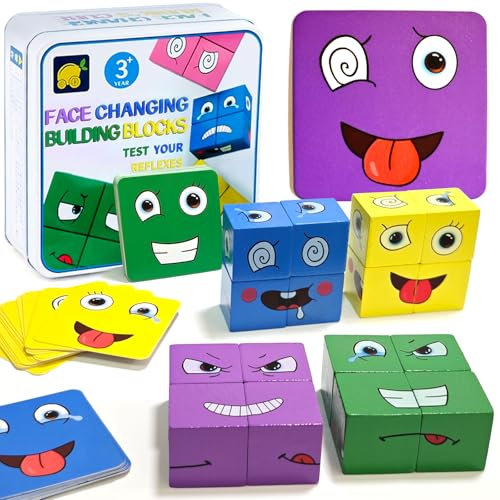 Holzwürfel Puzzle, Face Changing Magic Cube, Geschichtenwürfel, Blocks Baustein Montessori Spielzeug, 3D Puzzle Face-Changing Magic Cube Set für 2 3 4 5 6 Kinder Gift