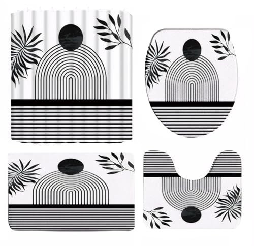 TANGPINGMAO Curtain de Douche Ensemble 4pcs / Set Rideau de Douche, Tapis de Bain, Tapis de Toilette & Tapis de Couvercle de Toilettes 71x71 Pouces étanche en Noir et Blanc Rideau de Salle de Bain