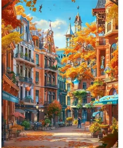 Rue de la ville en automne Peinture par Numéro pour Adulte,avec Cadre Kit de Peinture à l'huile sur Toile Bricolage pour Débutants,avec Pinceaux et Pigment Acrylique pour Maison Décoration 60x75cm