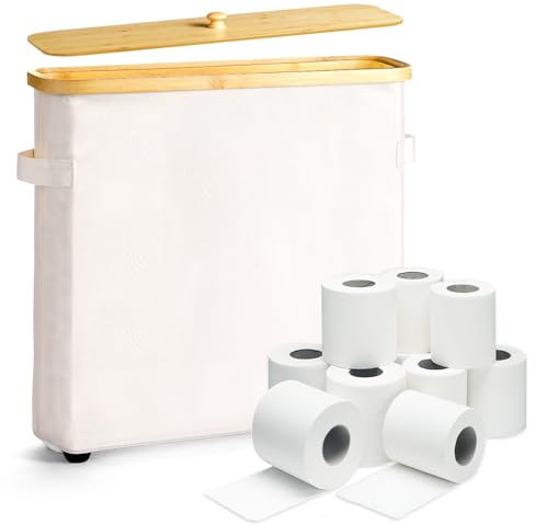 Toilettenpapier Aufbewahrung Korb mit Deckel und Griff, Bambus Toilet Paper Organizer Badezimmer Organizer mit Fußpolster, Toilettenpapier Aufbewahrungsbehälter für 12 Rollen Klopapier Beige