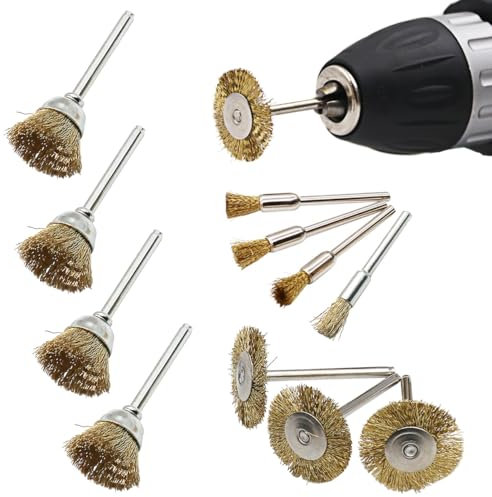 TorSor Juego de 12 cepillos de alambre con mandril de 1/8 pulgadas, cerdas de latón, cepillos de rueda de pulido resistentes para Dremel, herramienta rotativa inalámbrica, pulido, limpieza, pulido,