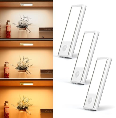 WUYOR LED Unterbauleuchte Küche mit Bewegungsmelder, Kabellos & Wiederaufladbar, Schrankbeleuchtung mit Akku, Slim Bright Schranklicht Lichtleiste für Küche Kleiderschrank Schrank 10 cm 3 Packungen