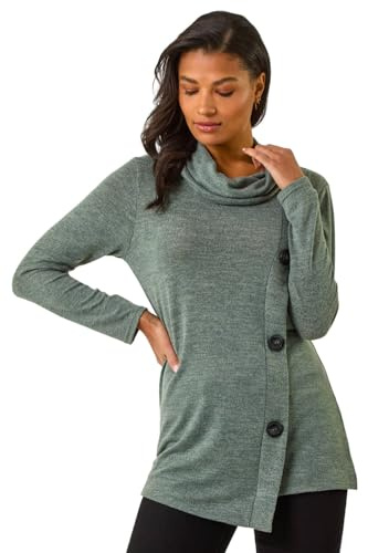 Roman Originals Cowl Neck Buttoned Top for Women UK - Ladies Everyday Autumn Winter Comfy Soft Evening Vacation Work Party Night Out - Khaki - Size 20