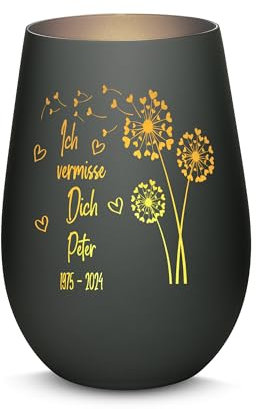 Gravur-Max Trauerlicht Windlicht mit Gravur Ich vermisse Dich mit Wunschname & Datum Gedenklicht für Trauernde mit Einer hochwertigen Lasergravur in der Farbe Schwarz/Silber