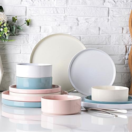GBHOME Crockery Set for 4 People, 12-Piece Stoneware Set with Speckled Design & Glazed Base, Scratch Resistant & Chip Resistant, Dishwasher & Microwave Safe, Multi-Colour
