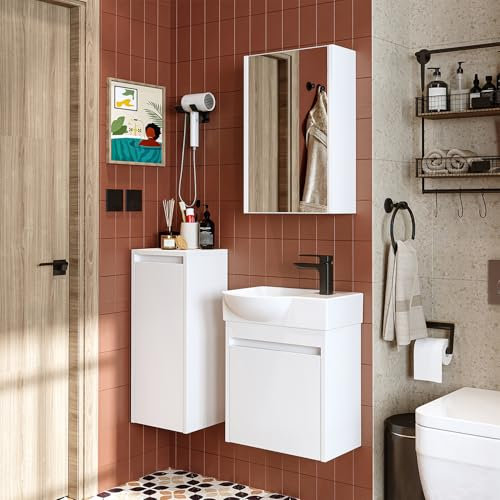 ROOMART Badmöbelset • Leo • Unterschrank mit Waschbecken • Badezimmer Möbel • Gäste WC (Weiß, Komplettes Set(Wasserhahn rechts))