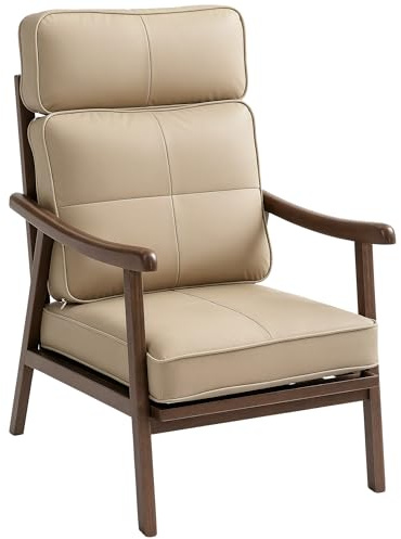 HOMCOM Butaca de Salón Sillón de Salón Tapizado en PU con Marco de Madera Cojines Acolchados Gruesos Respaldo Alto Carga 150 kg Sillón Lectura para Sala de Estar Dormitorio Caqui y Madera Nogal