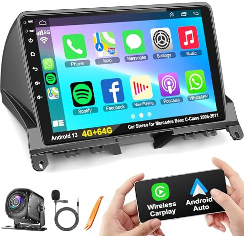 Autoradio für Mercedes-Benz C-Klasse W204 S204 2006-2011 mit kabellosem Carplay & Android Auto, 4+64GB 9 Zoll IPS Autoradio mit GPS FM/AM EQ Bluetooth 5.2 Sprachsteuerung WiFi Rückfahrkamera