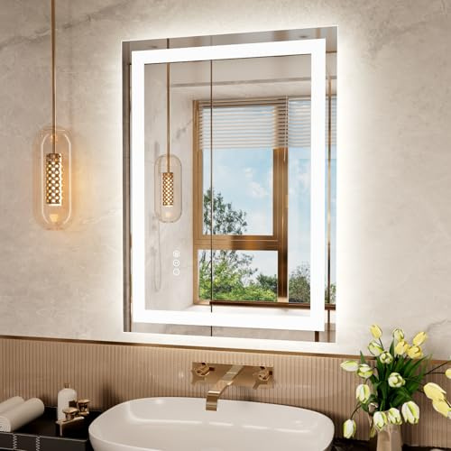 Snowdool LED Bathroom Mirror, 50x70cm Wall-Mounted Vanity Mirror With Lights, Illuminated Backlit Dimmable Switch 3 Colors, Anti-Fog, IP44 Waterproof, Horizontal/Vertical