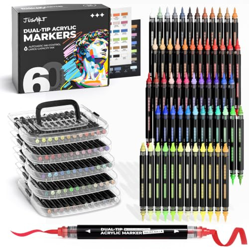 JusArt Acrylfarbmarker mit automatischer Tintenregulierung, 60 Farben, Doppelspitze (breite Spitze und Pinselspitze) für Keramik, Holz, Leinwand, Glas, Stein, Stoff, Felsmalerei, DIY-Bastelset