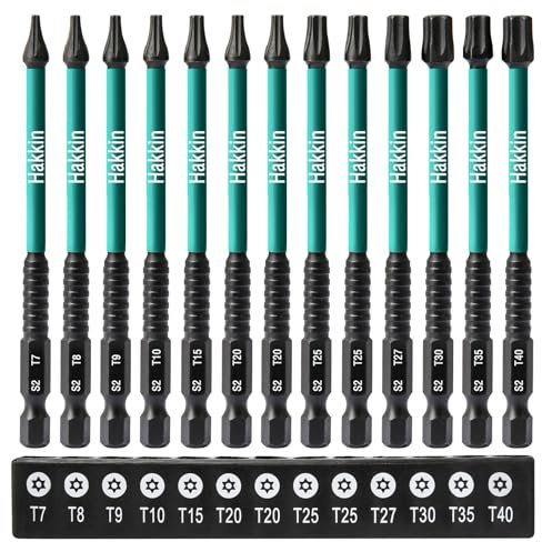 Torx Bits Set Lang Hakkin 13 Stück Bitsatz für Akkuschrauber 50mm 90mm 150mm 1/4 Schraubenzieher S2 Torx Schraubenzieher Bit Set mit Loch T8,T10,T15,T20,T25,T27,T30,T40