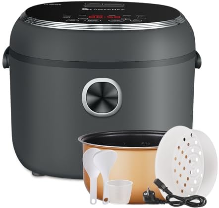 AMZCHEF Mini Cuociriso 4L Multicooker per 5 Persone, 8 Tazze (Crudo), Cuociriso 12-in-1 con Schermo Digitale, Timer 24H e Funzione Mantieni Caldo 12H, Manico di Trasporto, Cestello per Vapore, 860W