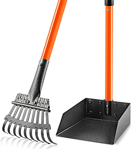 ROIUBPO Pooper Scooper, Long Handle Dog Pooper Scooper for Medium Small Dogs Heavy Duty, Pet Supplies Stainless Metal Tray and Rake Set, Use on Grass, Dirt or Gravel