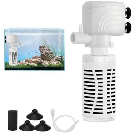 Livoravoli Internal Fish Tank Filter, 4 in 1 Submersible Water Pump Filter, Aquarium Filter with 2 Water Outlet, 600L/H Adjustable Water Flow, Small Tank Filter Pump, 6W
