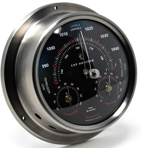 CAP HORIZON RC100BTH500NXS RACING Wetterstation, gebürsteter Edelstahl | Wetterwarte mit Barometer, Hygrometer, Thermometer, 12,5 cm Durchmesser, Made in Germany