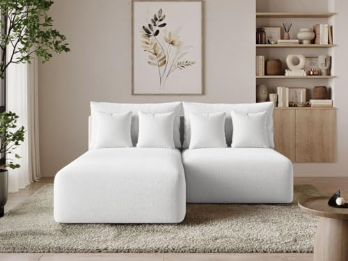 GRAINGOLD Ronni L Ecksofa mit Schlaffunktion und Bettfunktion, 206x190 cm, L-Form Sofa, Schlafcouch für Wohnzimmer, Bouclé-Stoff, 3-Sitzer Eckcouch, Ecksofa mit Stauraum (Weiß, Links)
