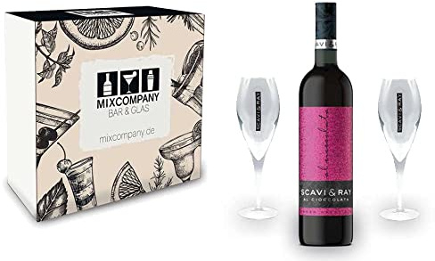 Scavi & Ray Giftbox Geschenkset - Scavi & Ray Al Cioccolata Rotwein Cuvèe 0,75l (10% Vol) + 2x Flöten (10cl) -[Enthält Sulfite]
