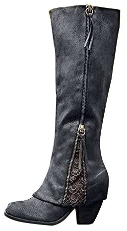 ZYUEER Bottes Rétro Femme, Bottes de Motard Classique Combat Bottines a Lacets Talons Epais Escarpins Sexy Chaussure Hiver Noir 39 EU