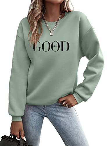 Minetom Pullover Damen Sweatshirt Briefe Drucken Langarm Rundhals Pulli Herbst Winter Frauen Buchstaben Druck Locker Casual Oberteil Sport Streetwear ohne Kapuze Bluse Tops A Grün L