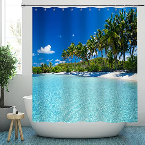 YISURE Rideau de douche, motifs d’océan, plage, mer et palmiers, pour baignoire, en textile, résistant à la moisissure, lavable en machine, avec 12 œillets en métal, (l x H) 180 x 200 cm