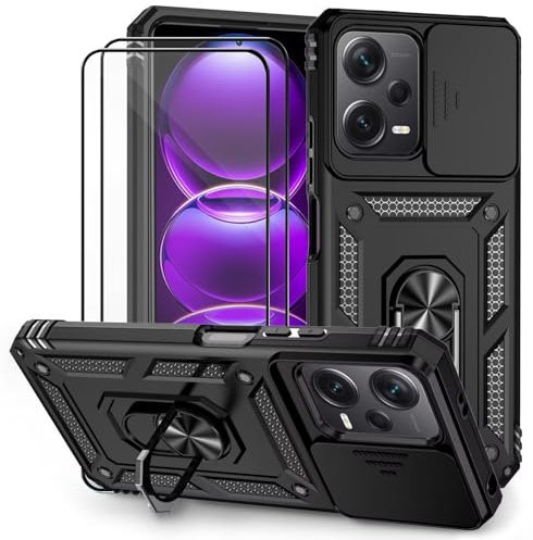 Dechyi Funda para Xiaomi Redmi Note 12 5G/Poco X5 5G Carcasa Cubierta de Cámara Deslizante Vidrio Templado con Soporte de Anillo-Negro
