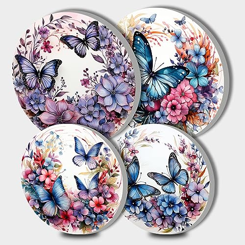 Blue Butterfly Picture Round Hob Covers Purple Flowers 4-Piece Stove Plate Cooker Hob Covers for Cookers Top Burner Gas Range Oven Protector Kitchen Accessories Cooktop Decorative Decor