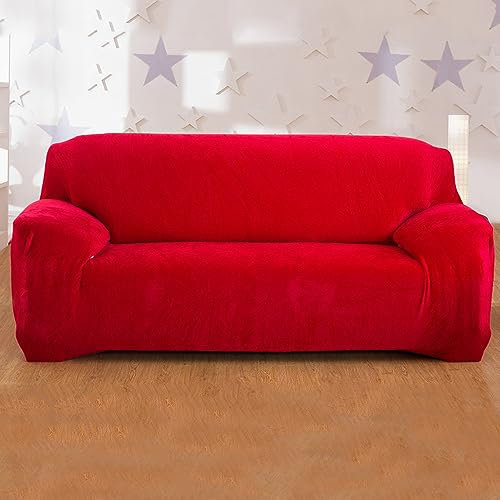 Hiseng Sofa Überzug, Stretch Sofabezug 1 2 3 4 Sitzer Polyesterfaser Couch Überzug Waschbar Universal Sofa Cover Samt Sofaschoner für Haustiere Und Kind (Rot,3-Sitzer)