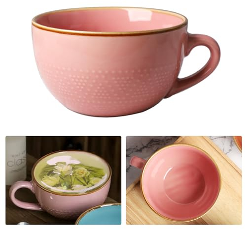 Kaffeetasse Groß Tasse, 700 ml Kaffeebecher mit Griff, Groß Müslischalen, Cappuccino Tassen Steingut, Salat Schale, Geeignet für Milchdesserts, Mikrowellengeeignet (Rosa)