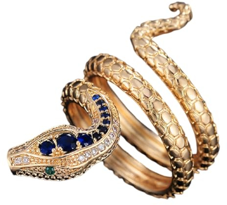 MayiaHey Goldener gewundener Schlangenring, Reptilienschlangenring für Männer, Blauer Kristallschlangentierring Blauer Steinschlangenschmuck, Sich Drehender Schlangenring Gewundener Schlangenring