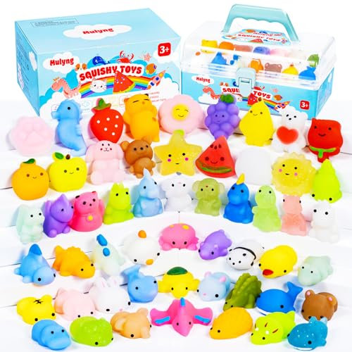 Mulyng Mochi Squishy Toys 100 Pcs, Kawaii Squishies Fidget Toy for Kids Party Favor Christmas Birthday Gift Easter Goodie Bags Fillers Classroom Prizes with Storage Box, Non Duplicates (100 Pack)
