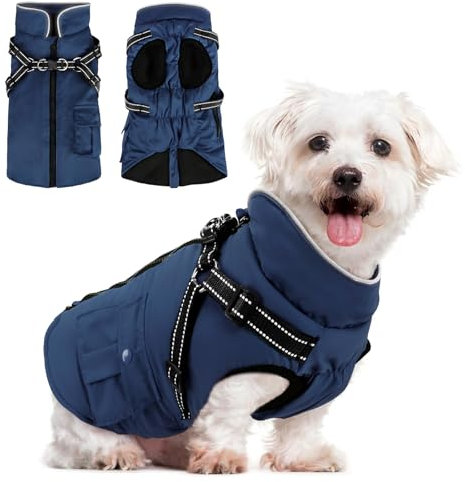 Woiil Hundemantel für Kleine Hundemantel Winter Wasserdicht Warme Hundejacke Winddichter Wintermantel kuschelige Reflektierend Hundejacke Ärmellose mit Geschirr Outdoor Navyblau S