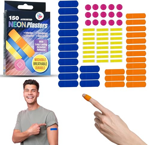 Waterproof Neon Plasters - 150PCs, Novelty Plasters for Kids and Adults, Coloured Plasters, Assorted Kids Plasters Breathable, First Aid Plasters Kit, Fun Plasters for Adults
