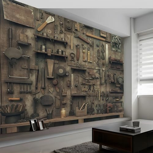 Vlies Tapete Retro Vintage Werkstatt Muster 3d Effekt Wand Dekoration, Braun Fototapete Schlafzimmer Folie für Möbel Wandtapete Wohnzimmer Schrank Badezimmer 200 x 140 cm