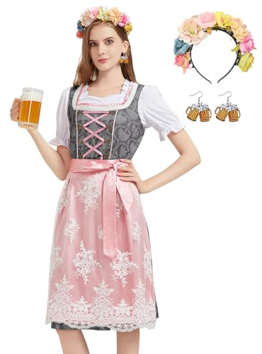 Hislovy Dirndl Damen, 5 Teiliges Oktoberfest Damen Outfit Dirndl-Komplettsets Trachtenkleid Midi für Karneval Cosplay