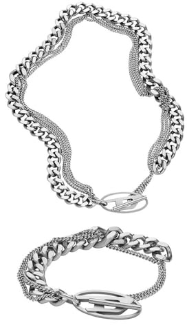 Diesel Herren Oval D Logo Halskette und Armband aus silberfarbenem Edelstahl, Set
