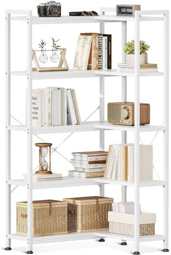 Coleshome 5-Tier Corner Bookshelf, 5-Shelf L Shaped Corner Bookcase, Tall Bookshelves Storage Display Cabinets for Living Room Home Office, Bedroom, White, 72.8 x 65.3 x 145.5