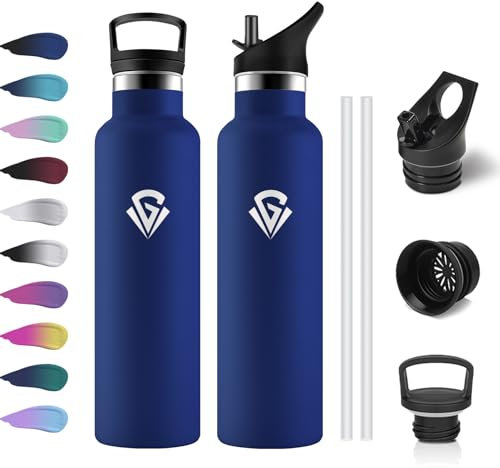 Gourde Isotherme 750ml, Bouteille Isotherme en Acier Inoxydable, Gourde avec Paille, sans BPA, Anti-Fuite, Bouteilles Inox Réutilisable pour l'École, Bureau, Extérieur, Camping, Randonnée, Gym