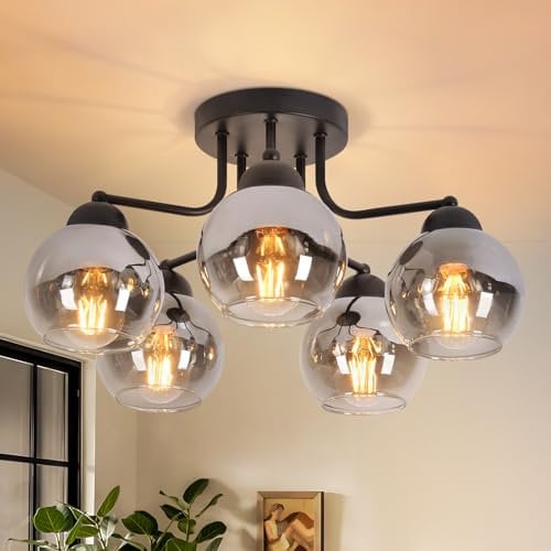 Kowanie plafonnier verre plafonnier salon vintage: lampe de salon noire 5 lumières gris fumé en métal industriel E27 rétro lampe de cuisine plafond pour chambre cuisine - sans ampoule